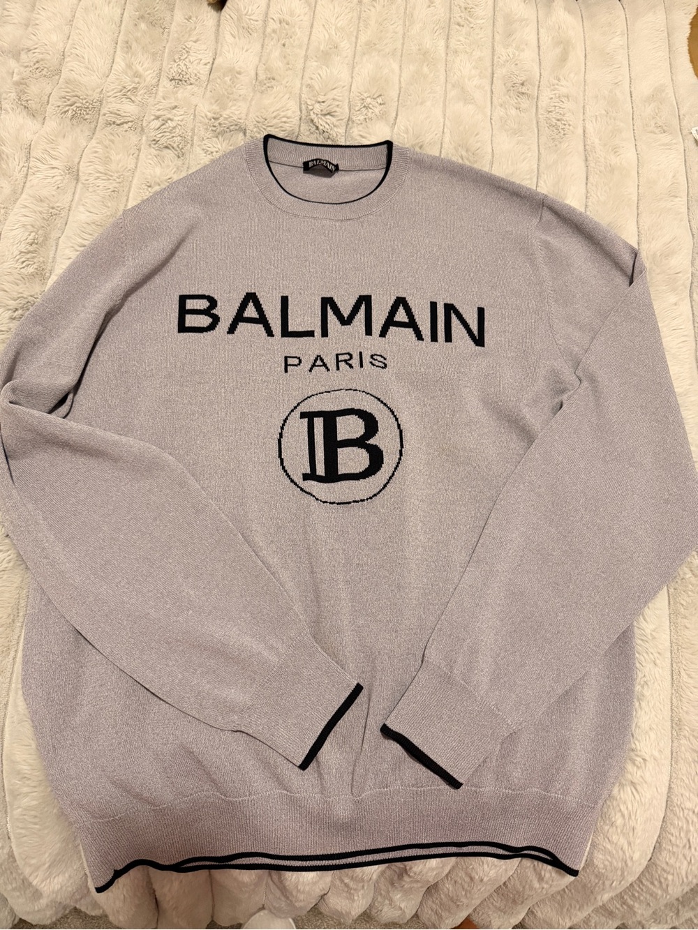 Balmain Men's Light Gray Crewneck Sweater with Black Logo